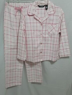 Women Petite Pink Plaid Cotton Pajama Set